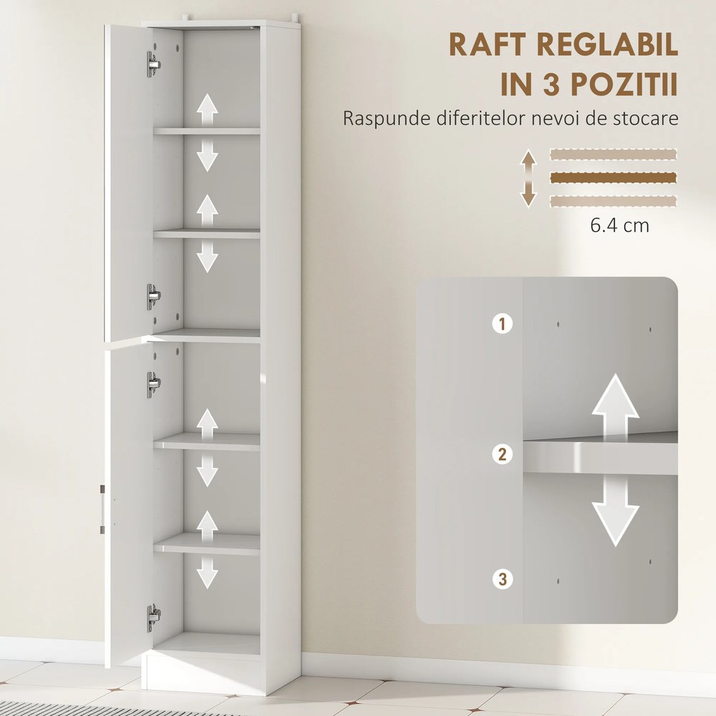 kleankin Dulăpior Coloană de Baie din Lemn cu 5 Rafturi și Ușă cu Oglindă, 32x28x162 cm, Alb | Aosom Romania