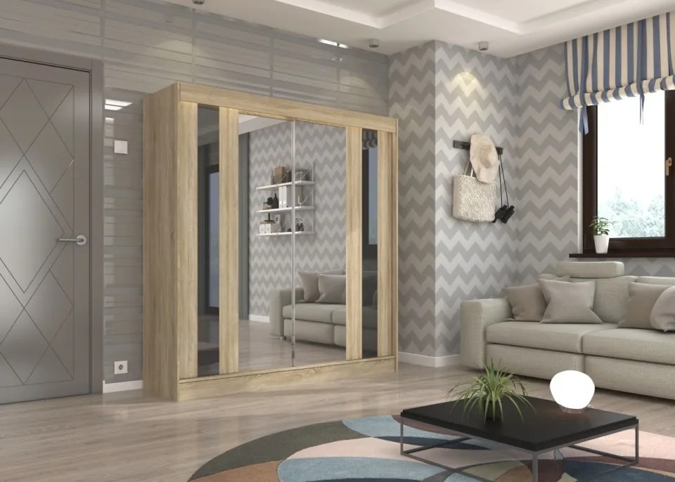 Dulap cu usi glisante si oglinda 200x215 cm, Keita, ADRK Furniture (Culoare: Negru / Alb Lacobel)