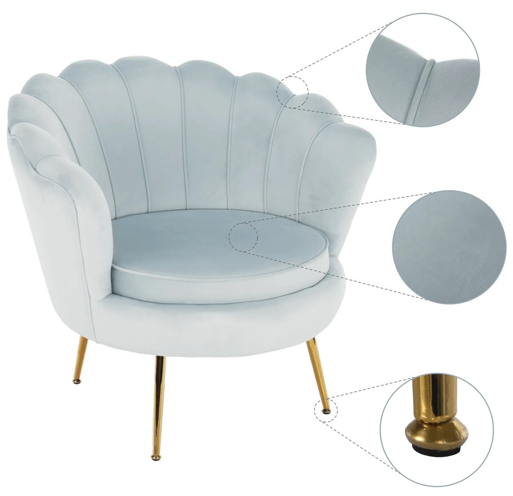 Fotoliu în stil Art-deco, catifea Velvet gri-albastru/crom auriu, NOBLIN