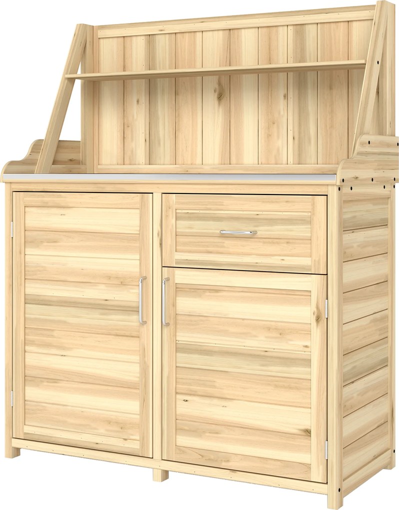 Outsunny Dulap de Grădină din Lemn cu Blat din Metal Galvanizat Sertar și Etajeră 100x45x129,5cm Natural | Aosom Romania