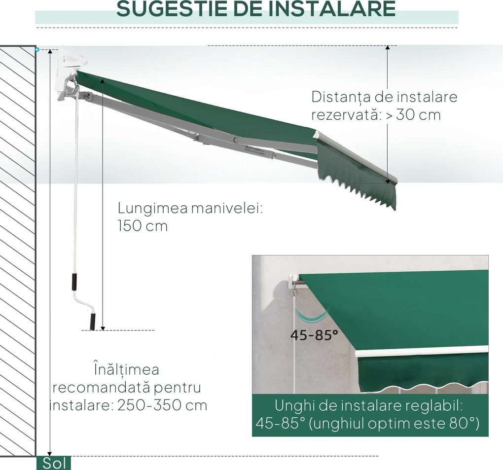 Copertină Retractabilă Manuală Outsunny pentru Verandă, 3x2 m, Verde | Aosom Romania