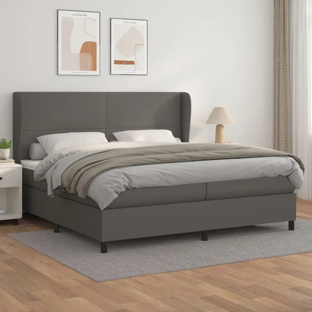 3128935 vidaXL Pat box spring cu saltea, gri, 200x200 cm, piele ecologică