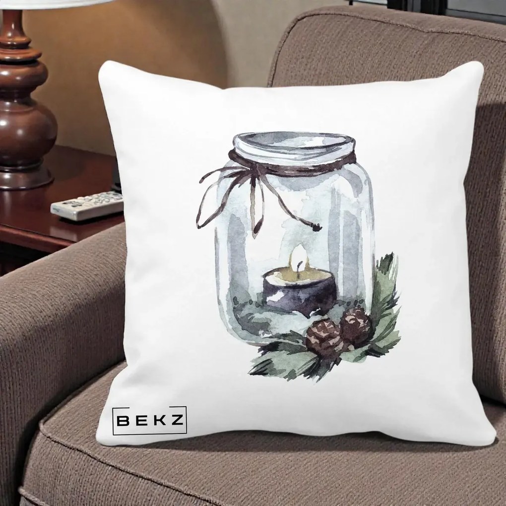 Perna Decorativa Felinar cu Lumanare si Conuri, 40x40 cm, Alba Mata, Husa Detasabila, Perna Inclusa, BEKZ®