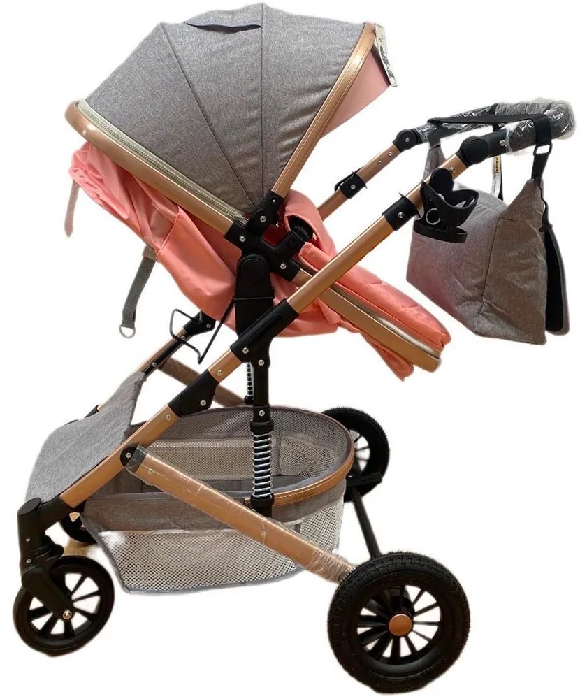 Carucior 3 in 1 reversibil cu scoica auto si geanta, 0-36 luni, Roz - CPC-10-roz