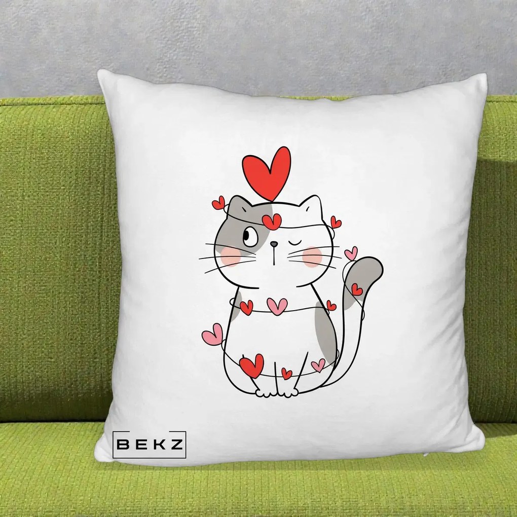 Perna Decorativa Pisica Kawaii cu Inimi, 40x40 cm, Alb Pufos, Husa Detasabila, Perna Inclusa, BEKZ®