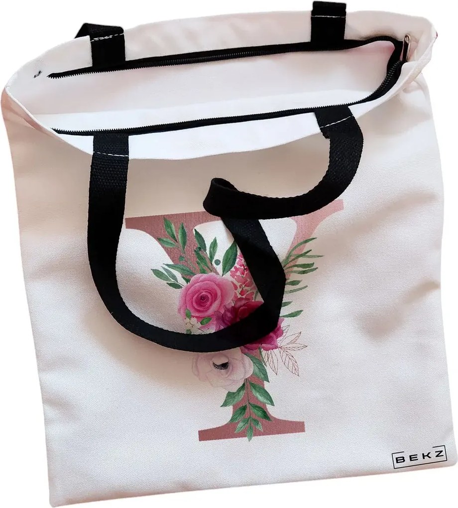 Sacosa de Panza pentru Cumparaturi, Geanta Tote, Cu litera Y Rose Gold si Trandafiri, Cu fermoar, 38x34.5 cm, Alba, BEKZ®