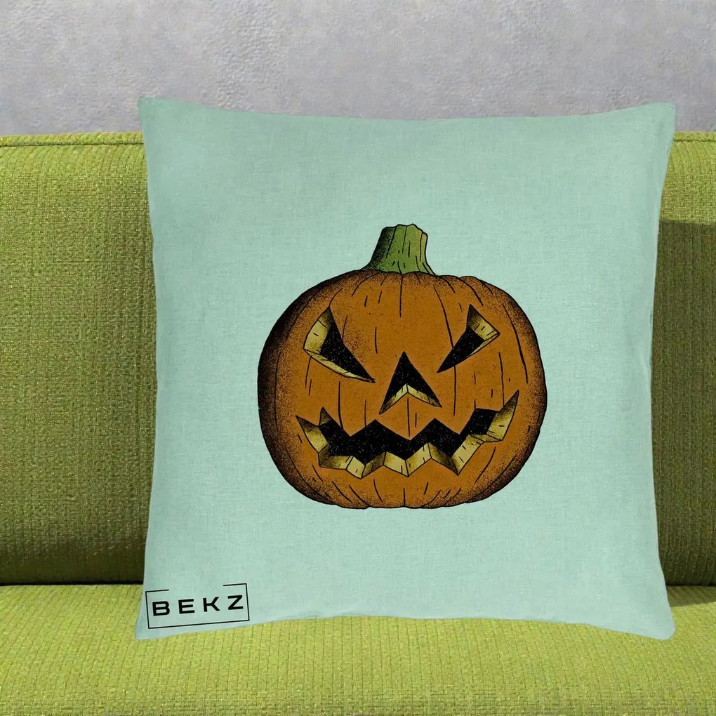 Perna Decorativa Halloween Dovleac Portocaliu Clasic, 40x40 cm, Verde Menta, Husa Detasabila, Perna Inclusa, BEKZ®