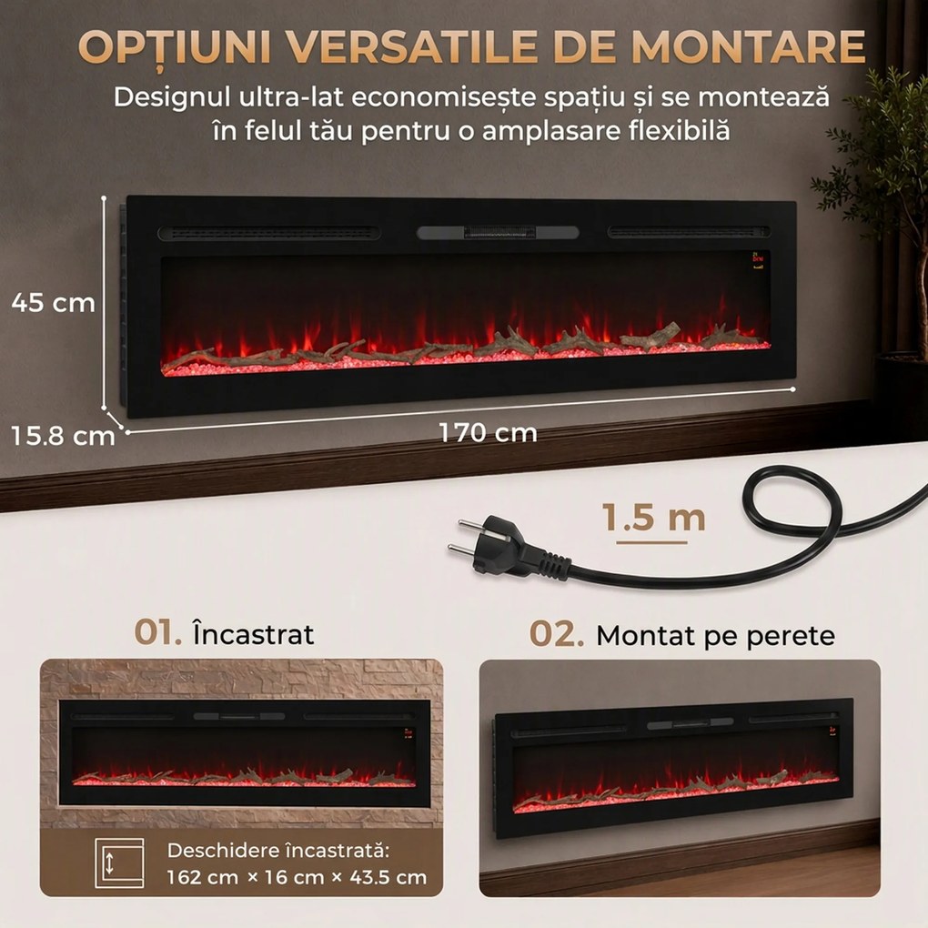 HOMCOM Șemineu electric de 170 cm, încastrabil sau de perete, 1500 W, timer 24 ore, flacără reglabilă, cristale | Aosom Romania