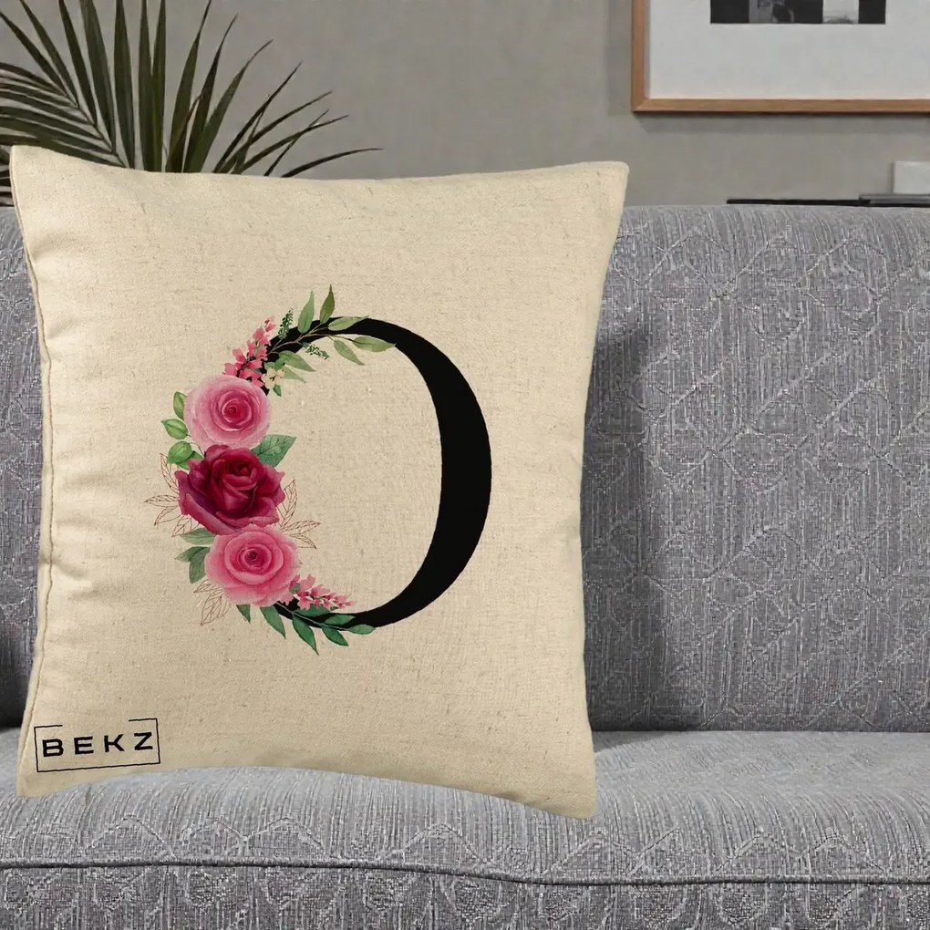Cadou Personalizat - Perna Personalizata Monograma Florala Litera O, 40x40 cm, Bej, Husa Detasabila, Perna Inclusa, BEKZ®