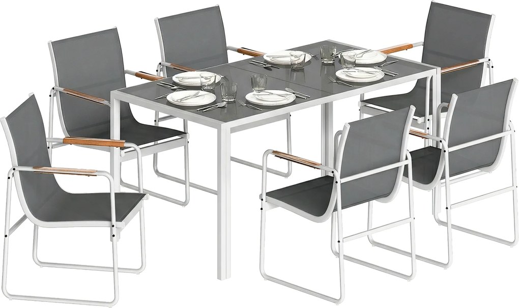 Outsunny Set masă și scaune pentru grădină cu masă din sticlă securizată și 6 scaune respirabile pentru terasă/patio Alb și Gri | Aosom Romania