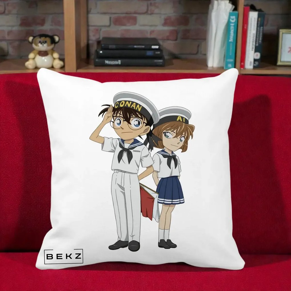 Perna Personalizata Detective Conan Conan si Ai Sailor, 40x40 cm, Alba Mata, Husa Detasabila, Perna Inclusa, BEKZ®