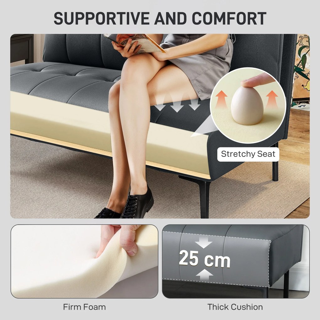 HOMCOM Divan cu Două Locuri Compact din Piele Sintetică, Divan Modern Capitonat cu Nasturi cu Îmbunătățire Spumoasă și Picioare din Lemn, Canapea Fără Brațe pentru Sufragerie și Birou, 115x73x83 cm, Negru | Aosom Romania