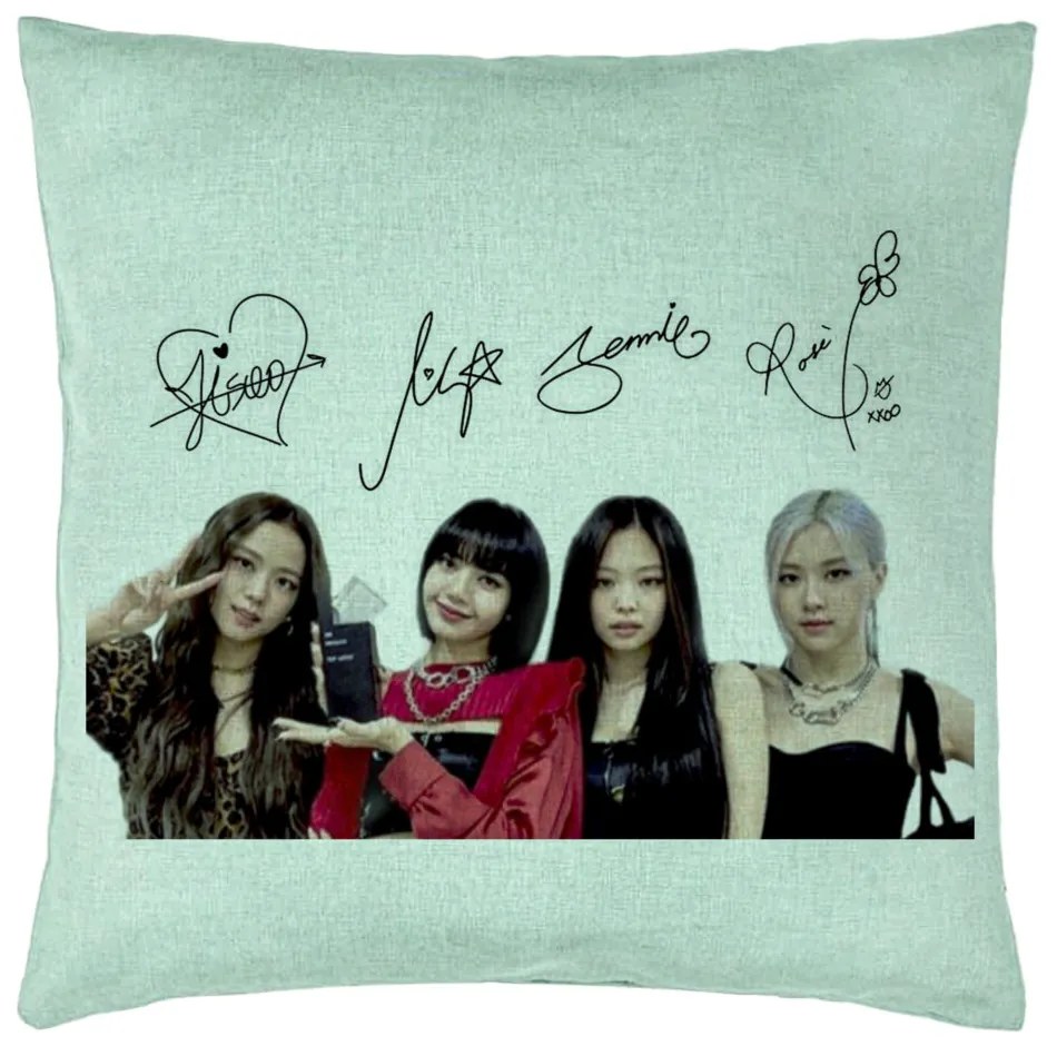 Perna Decorativa, Model Blackpink K-POP semnaturi, 40x40 cm, Verde Menta, Husa Detasabila, Burduf