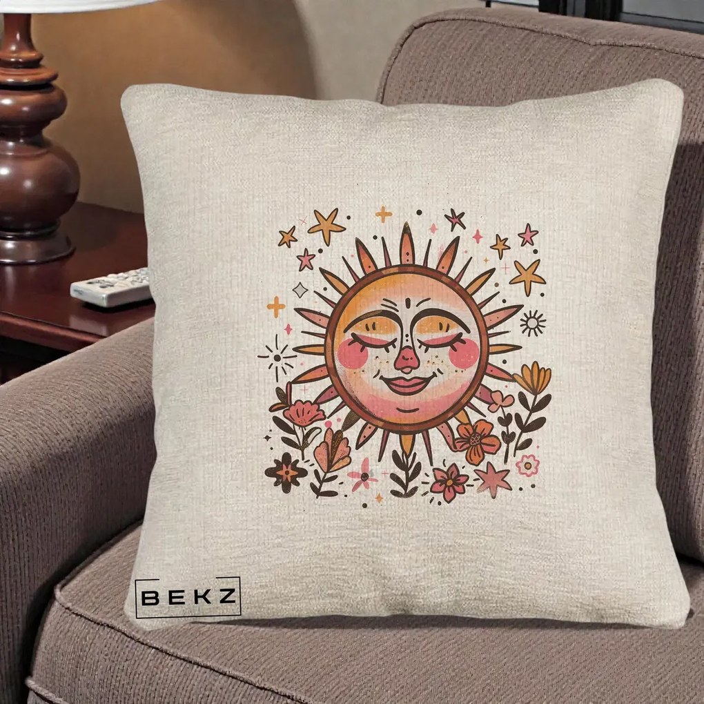 Perna Decorativa Soare Retro Boho Floral, 40x40 cm, Bej Canapea, Husa Detasabila, Perna Inclusa, BEKZ®
