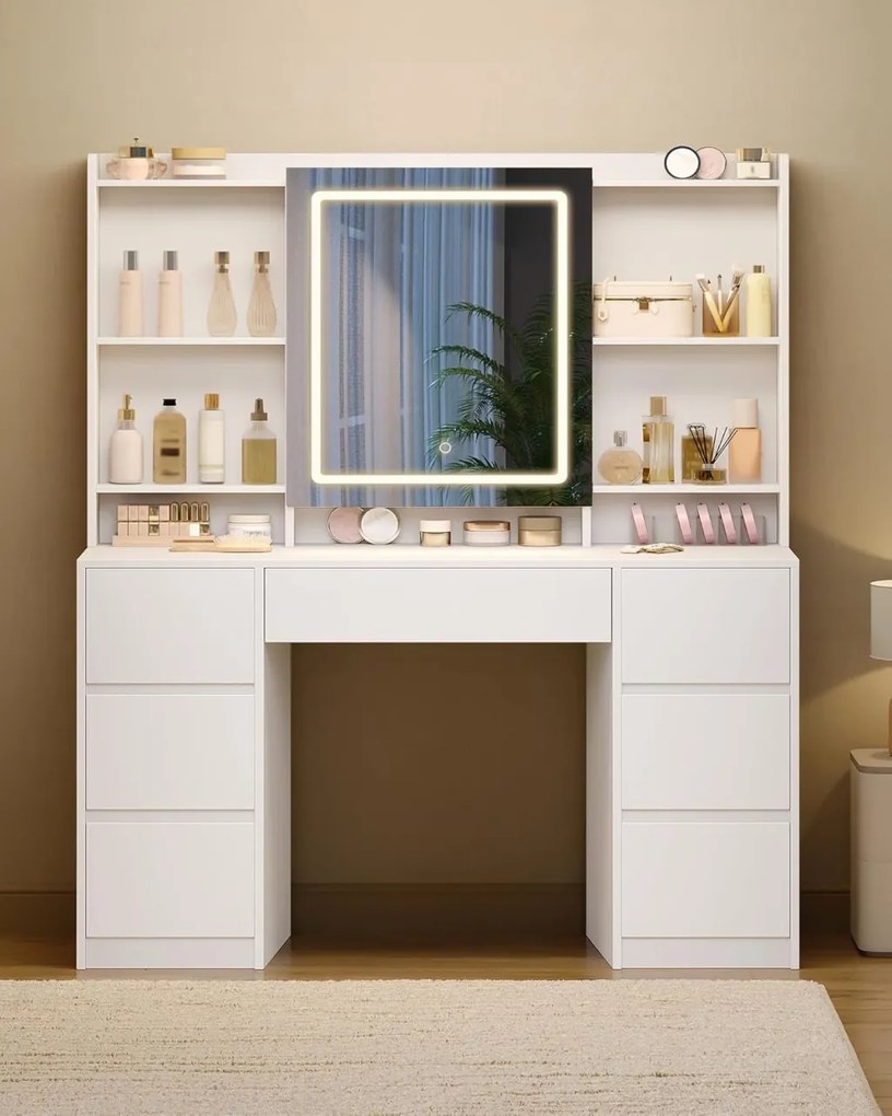 SEA4 - Set Masa toaleta 108 cm, 7 Sertare, rafturi, Oglinda cu LED, Organizator Bijuterii, masuta vanity, make-up - Alb