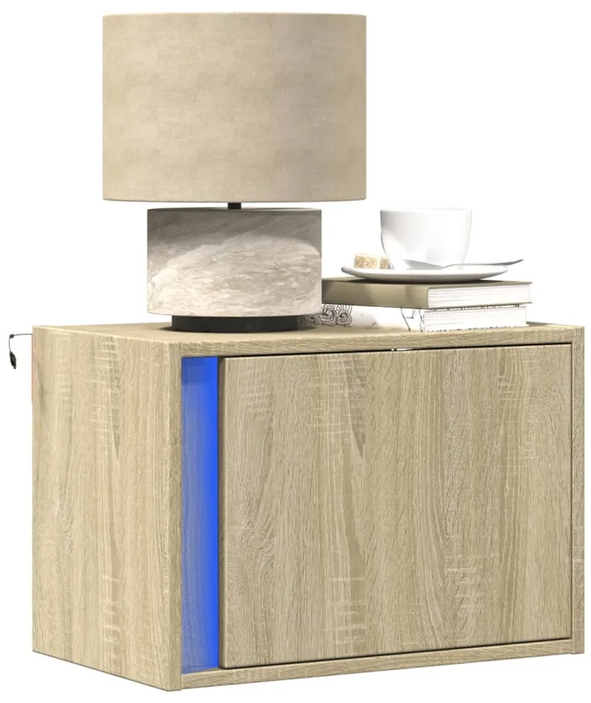 vidaXL Noptieră montată pe perete cu lumini LED, stejar sonoma