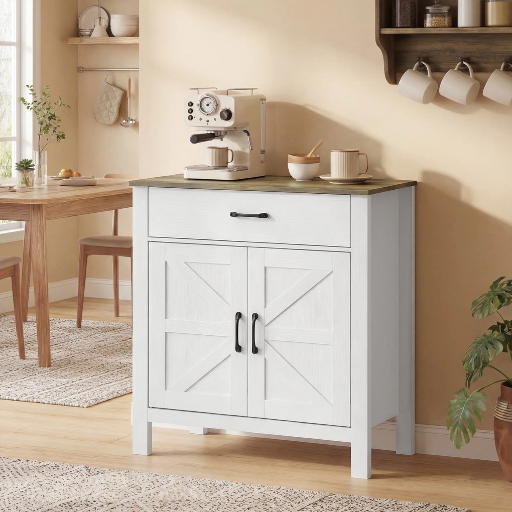 HOMCOM Bufet pentru living, mobilier de depozitare cu 2 uși tip hambar, sertar și poliță reglabilă, 77x39,3x81,5cm, alb și maro | Aosom Romania
