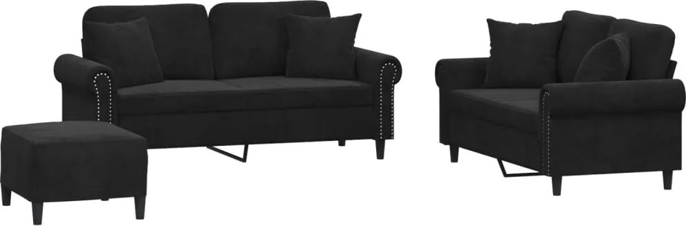 vidaXL Set de canapele cu perne, 3 piese, negru, catifea