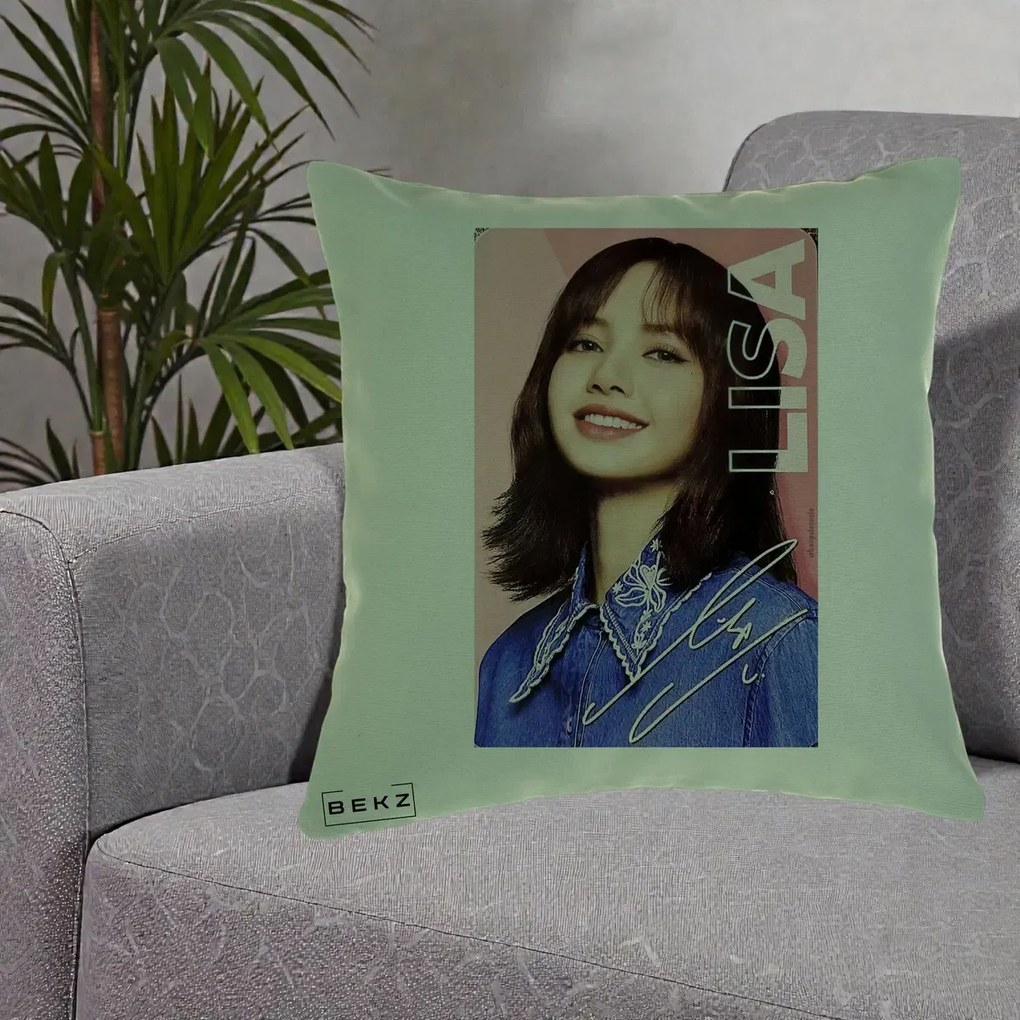 Perna Personalizata K-pop BLACKPINK Lisa cu Semnatura, 40x40 cm, Verde, Husa Detasabila, Perna Inclusa, BEKZ®