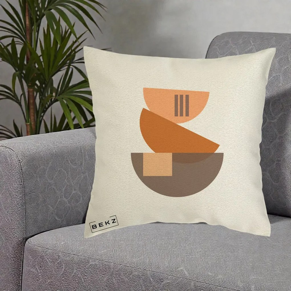 Perna Decorativa Geometric Bauhaus Boluri Portocaliu, 40x40 cm, Ecru, Husa Detasabila, Perna Inclusa, BEKZ®