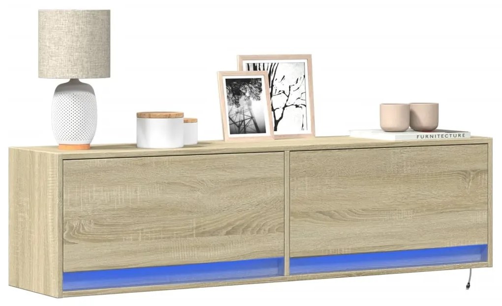 vidaXL Comodă TV de perete cu lumini LED, stejar sonoma, 140x31x38 cm