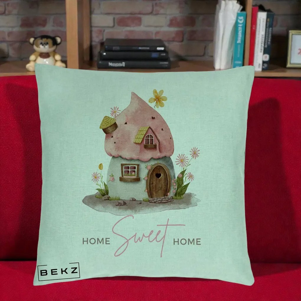 Perna Decorativa Home Sweet Home Casuta, 40x40 cm, Verde Menta, Husa Detasabila, Perna Inclusa, BEKZ®