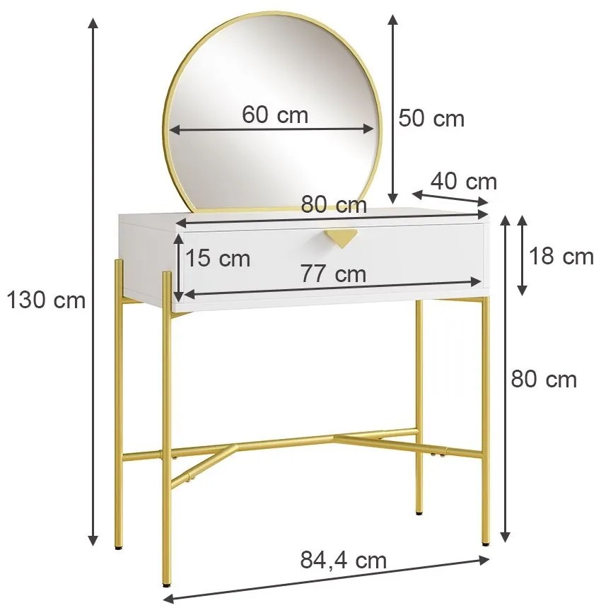 SEA492 - Set Masa toaleta, 80 cm cosmetica machiaj, oglinda cu LED, masuta vanity - Alb Auriu