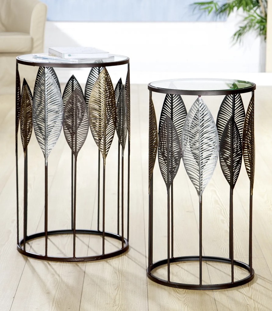 Set 2 masute rotunde palm Leaves, metal sticla, multicolor, 68x38 cm, 61x33 cm