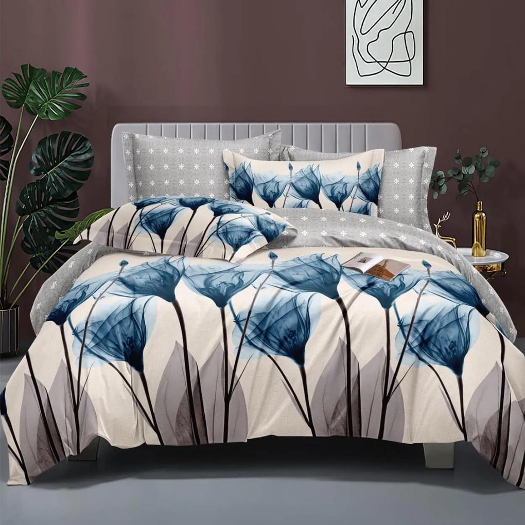 Lenjerie de pat cu 2 fete, policoton, 4 piese, pat 2 persoane, gri / albastru, A50-615