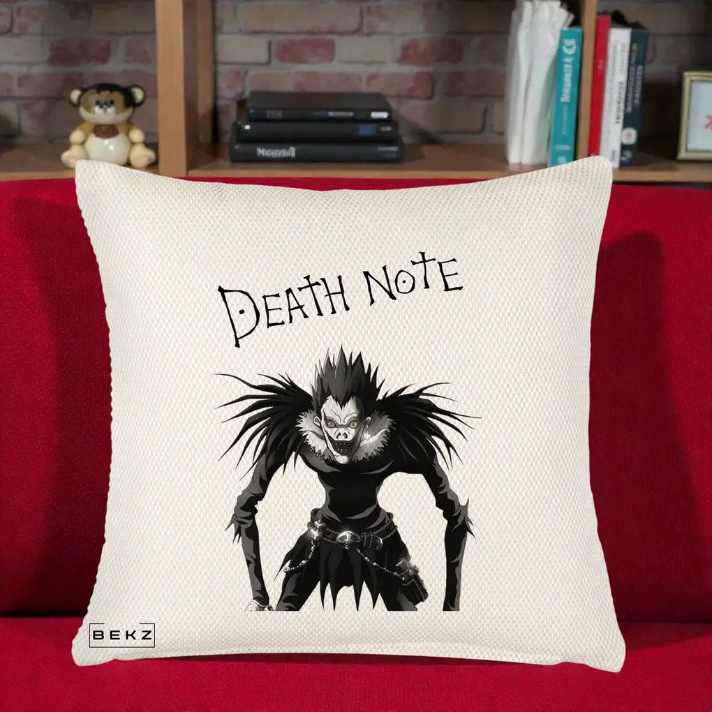 Perna Personalizata Death Note Ryuk Shinigami Alb-Negru, 40x40 cm, Crem Reliefat, Husa Detasabila, Perna Inclusa, BEKZ®