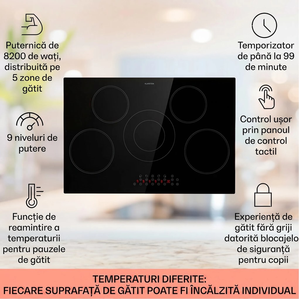 Klarstein Virtuosa 5, plită încorporabilă, 5 zone, 8200 W, sticlă ceramică