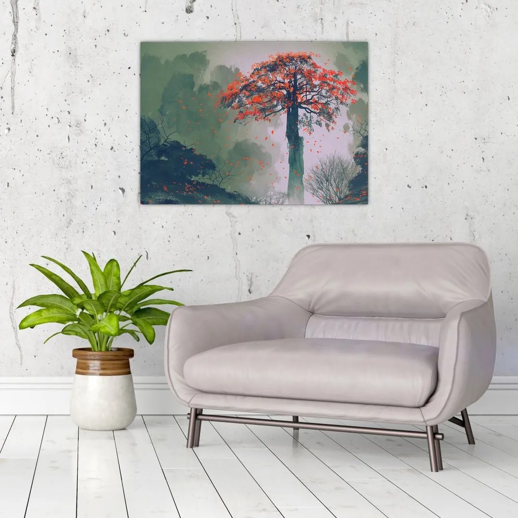 Tablou pe sticlă - Copacul roșu singuratic (70x50 cm)