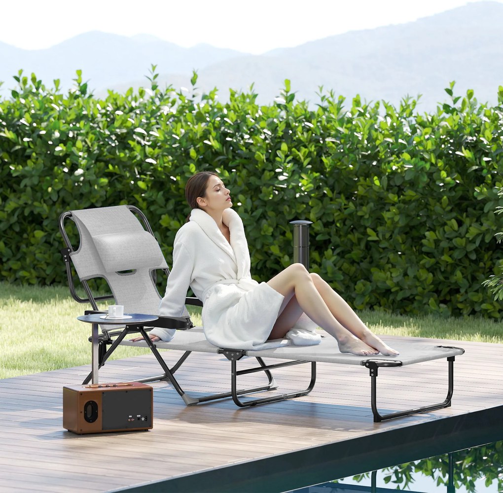 Outsunny Șezlong Pliabil Spătar Reglabil Decupaj pentru Citit Pernă pentru Cap și Brațe Sarcină 120 kg 145x72x89 cm Gri închis | Aosom Romania