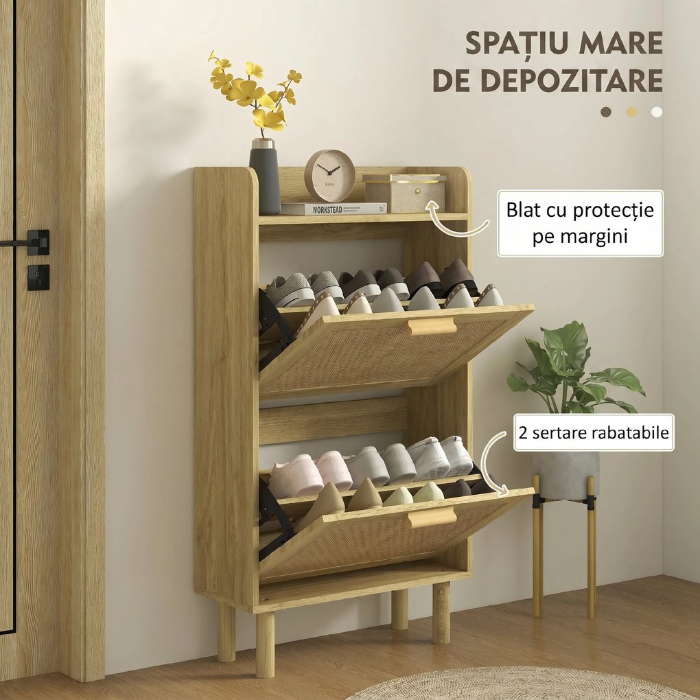 HOMCOM Dulap pentru Pantofi Slim pentru Hol, cu 2 Sertare Rabatabile, Rafturi Reglabile și Blat Superior, Stejar | Aosom Romania