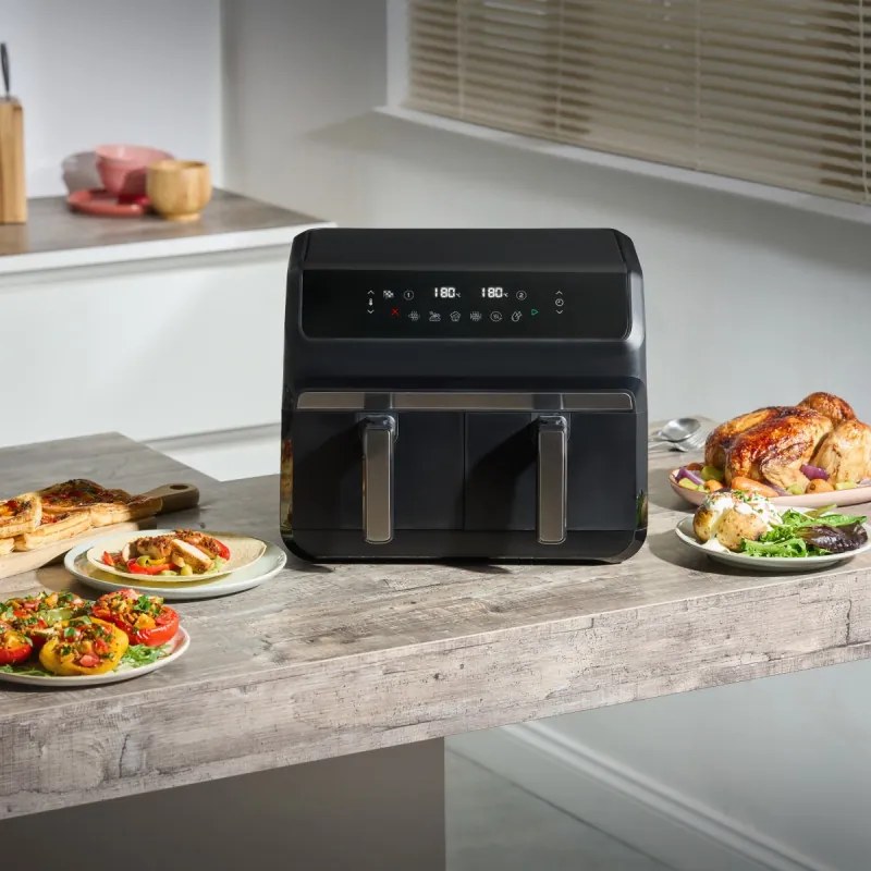 Friteuza dubla cu aer cald 8in1 Instant Pot Vortex DUAL INAFB91-BK, 1850 W, 8 l, 205°C, EvenCrisp, Gatit sincronizat, Control tactil, Negru/Otel inoxidabil