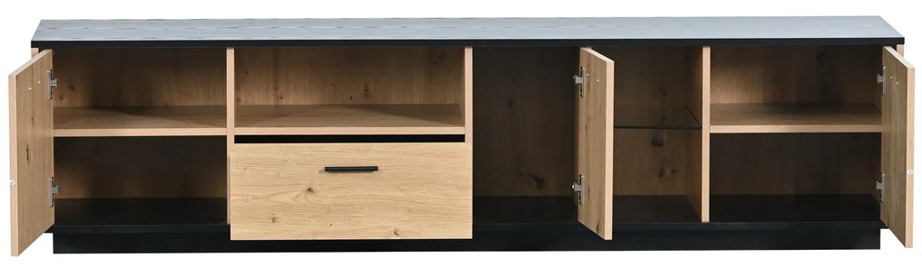 Comodă TV cu O Sertar, Trei Uși și Două Rafturi din Sticlă, Iluminare LED cu 15 Culori Variabile, 180x40x45 cm, Negru+ Natural