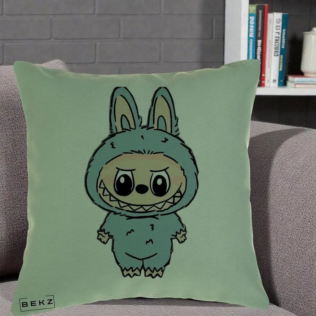 Perna Personalizata Labubu Albastru-Gri Solo, 40x40 cm, Verde, Husa Detasabila, Perna Inclusa, BEKZ®
