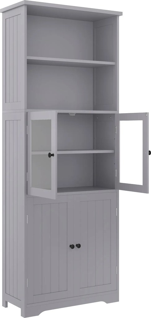 Dulap înalt pentru baie cu spațiu de depozitare, ușă de dulap din sticlă, rafturi ajustabile, 57,4x28,4x162,5 cm, Gri