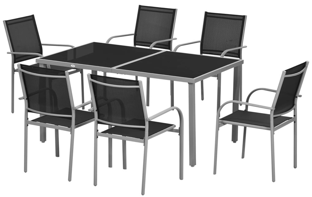 Outsunny Set de mobilier de grădină 6 scaune + 1 masă din oțel salon de grădină 7 piese scaune empilabile placă din sticlă securizată negru | Aosom Romania