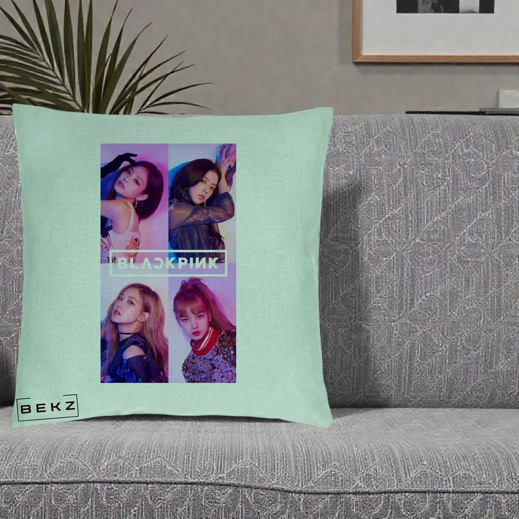 Perna Personalizata K-pop BLACKPINK Poster Colaj 4 Membre Violet Roz, 40x40 cm, Verde Menta, Husa Detasabila, Perna Inclusa, BEKZ®
