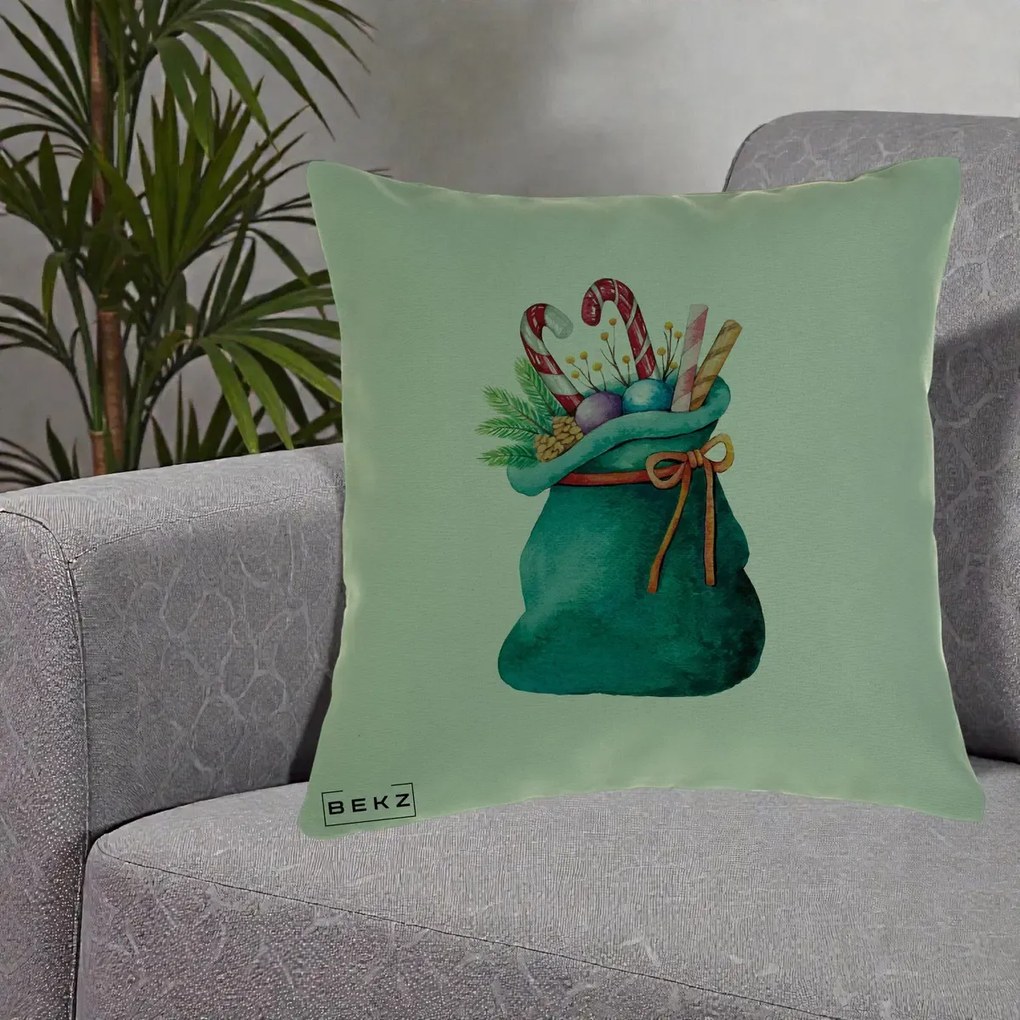Perna Decorativa Saculet Cadouri Mos Craciun Acuarela Verde, 40x40 cm, Verde, Husa Detasabila, Perna Inclusa, BEKZ®