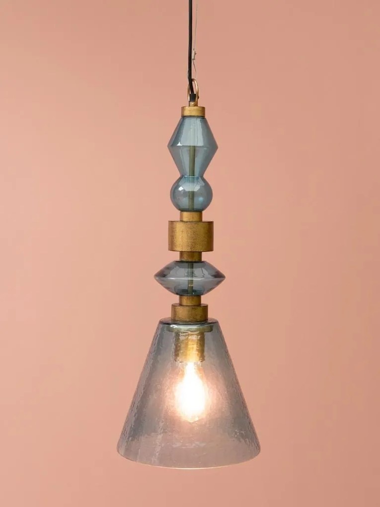 Lustră din sticlă albastră cu structură din alamă antichizată, formă conică, 65 × 25 cm, „Astrolab"