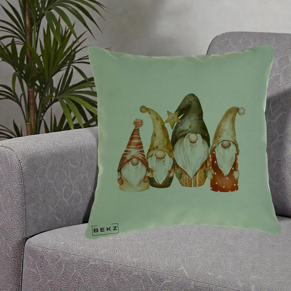 Perna Decorativa Gnomi de Craciun Patru, 40x40 cm, Verde, Husa Detasabila, Perna Inclusa, BEKZ®