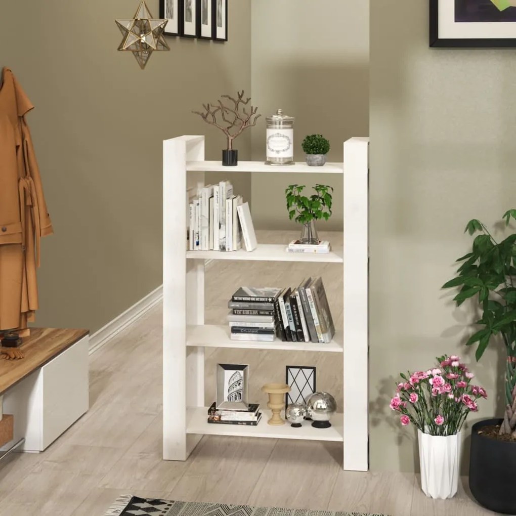 Bibliotecă/separator cameră, alb, 80x35x125 cm, lemn masiv pin
