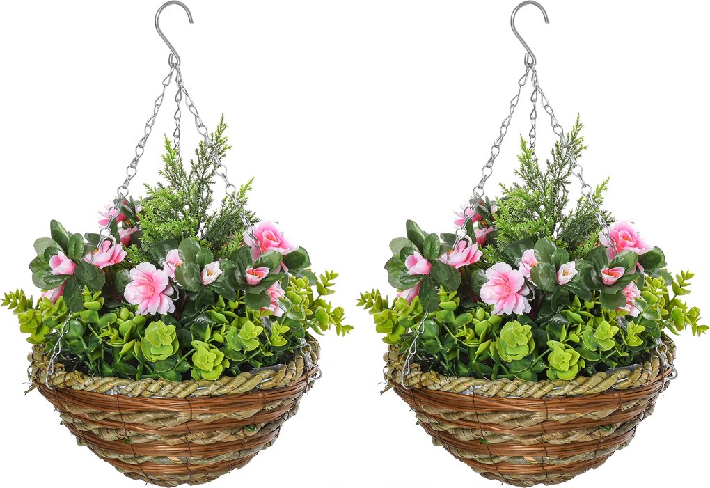 Outsunny Set 2 Ghivece de Agățat cu Plante Artificiale Lisianthus, Suport din Răchită și Bază de Ciment, Ф25x34cm | Aosom Romania