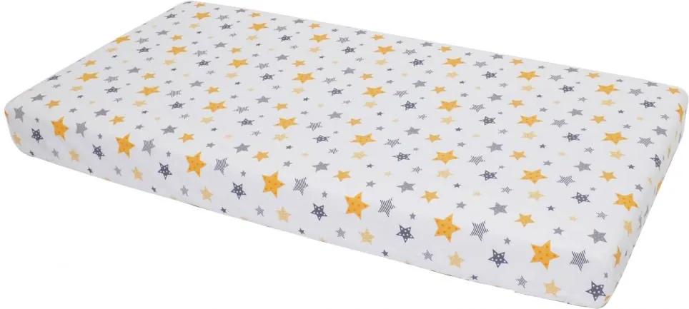 Cearceaf din bumbac cu elastic Stars Yellow and Grey pe alb 120x60 cm