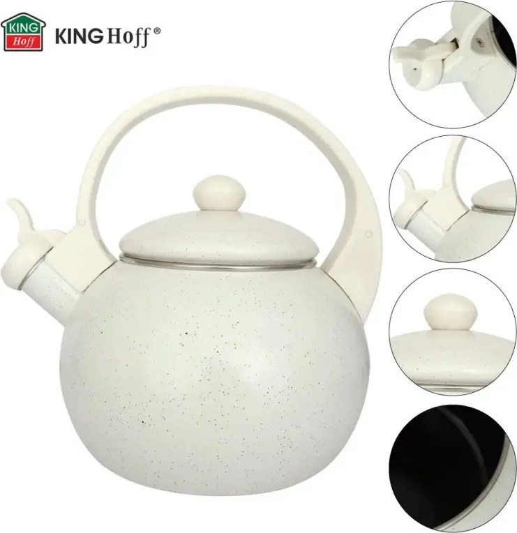 Ceainic cu fluier Kinghoff KH 2040, 2 l, interior emailat, compatibil cu plitele cu inducție, culoare crem