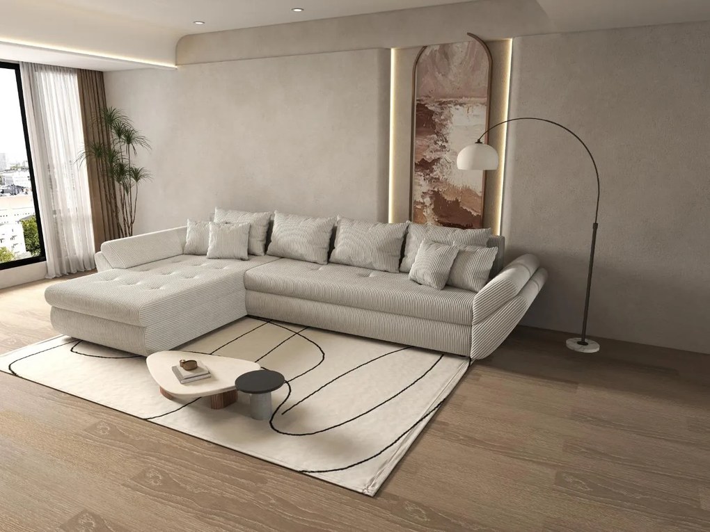 Colțar extensibil dumonde cu ladă de depozitare si sezut confortabil din spuma high-density, Loana XL Zoom Cream 335x185 cm