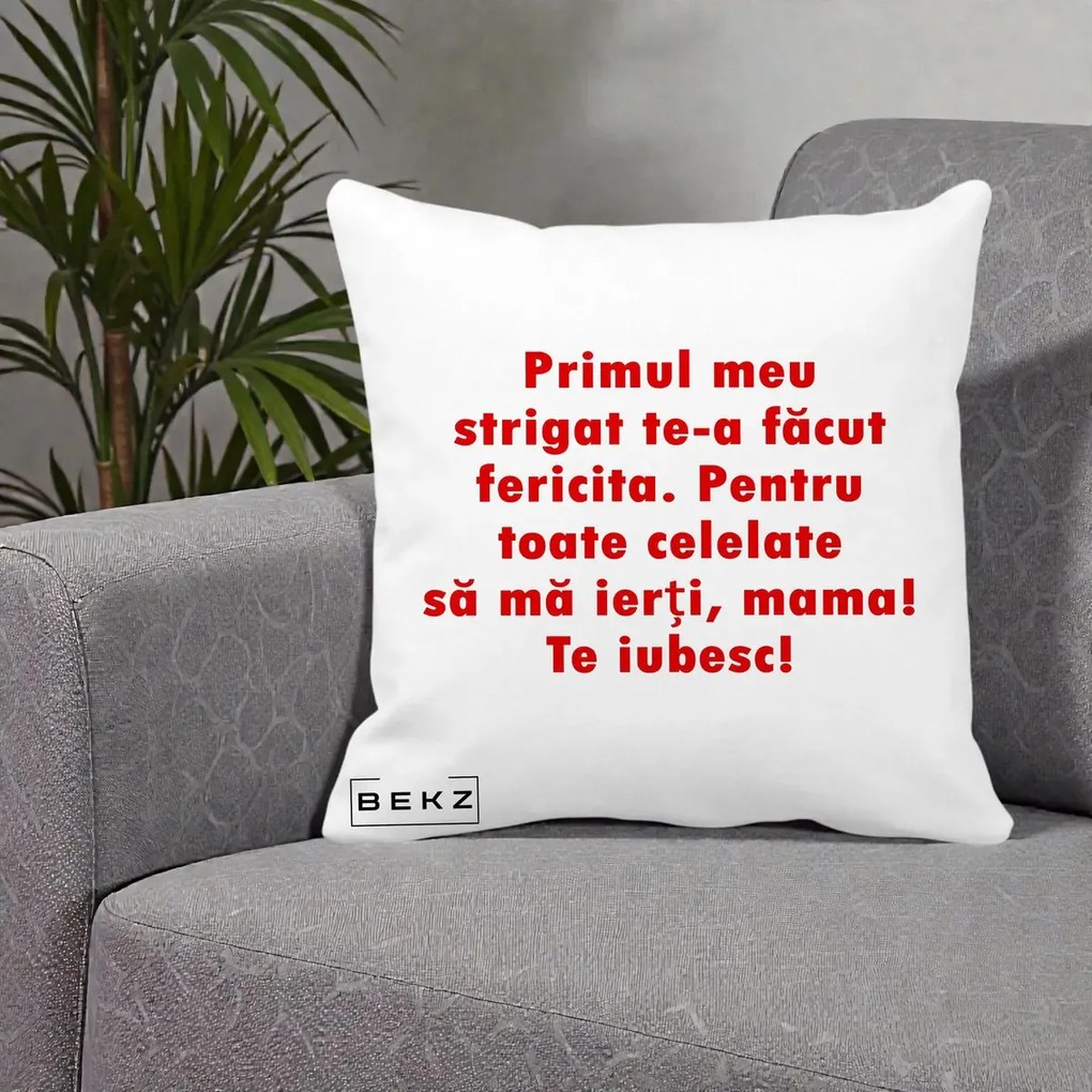 Cadou pentru Mama - Perna Personalizata Primul Strigat Mama, 40x40 cm, Alba Mata, Husa Detasabila, Perna Inclusa, BEKZ®