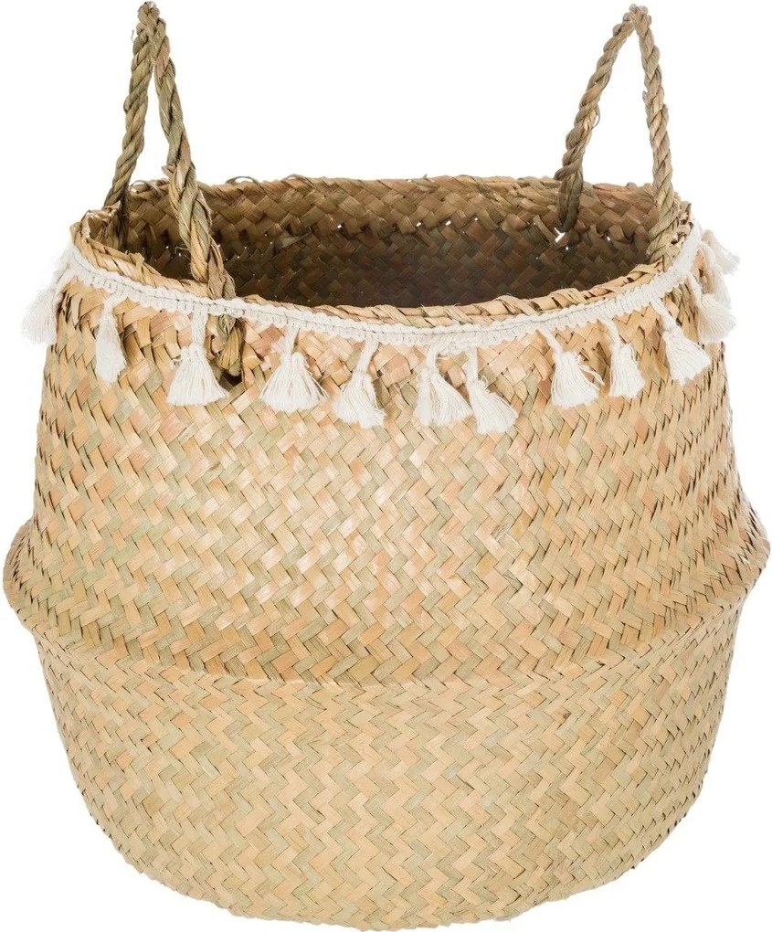 Coș decorativ, iarbă de mare, țesut, Ø 31 cm, cu franjuri